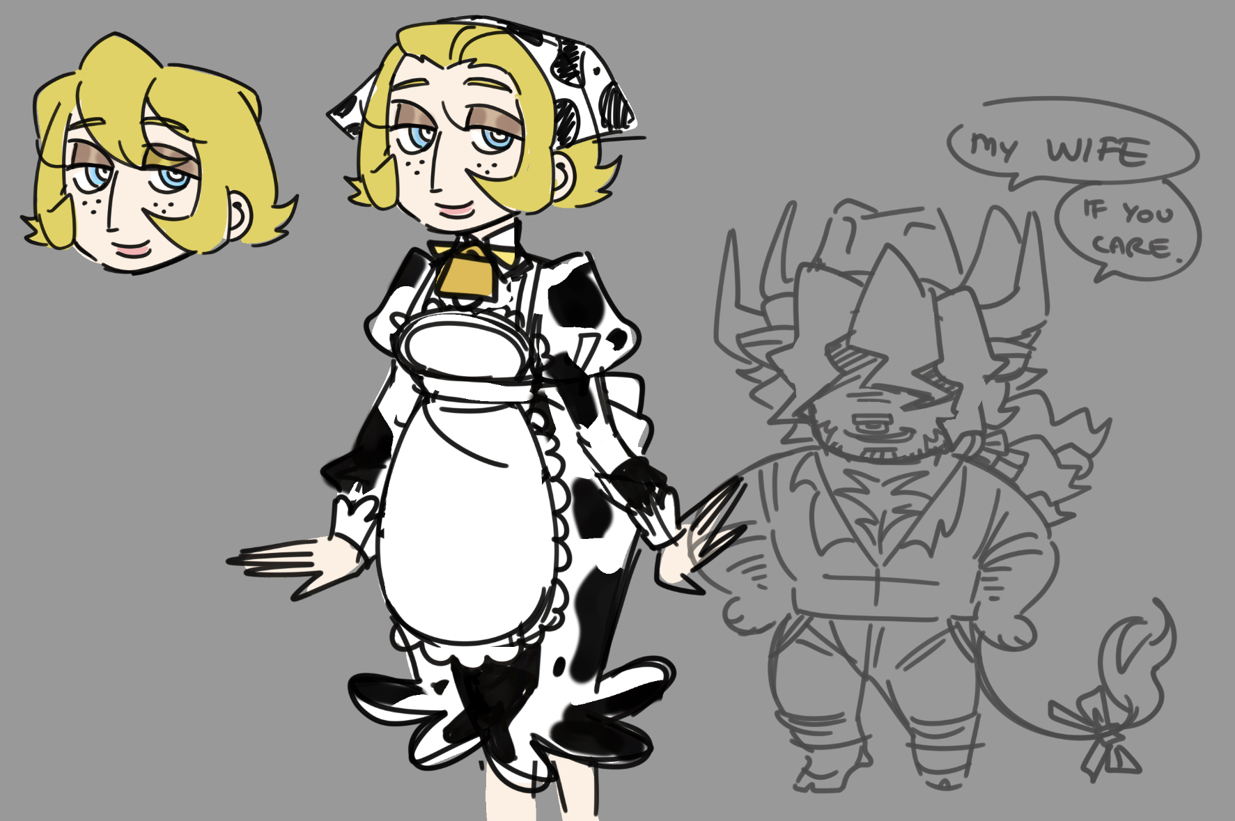 Belles wife, she's human but likes to wear cow print to match her husbands new appearance